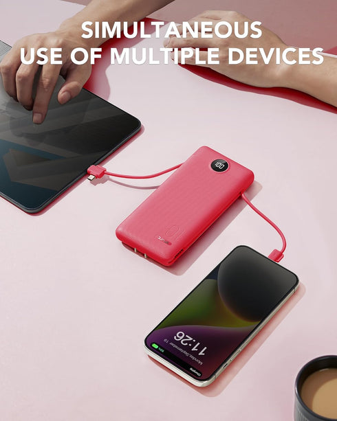 VRURC 10000mAh Portable Charger with Built-in Cables and AC Wall Plug, Compact Lightweight Power Bank for Smartphones,