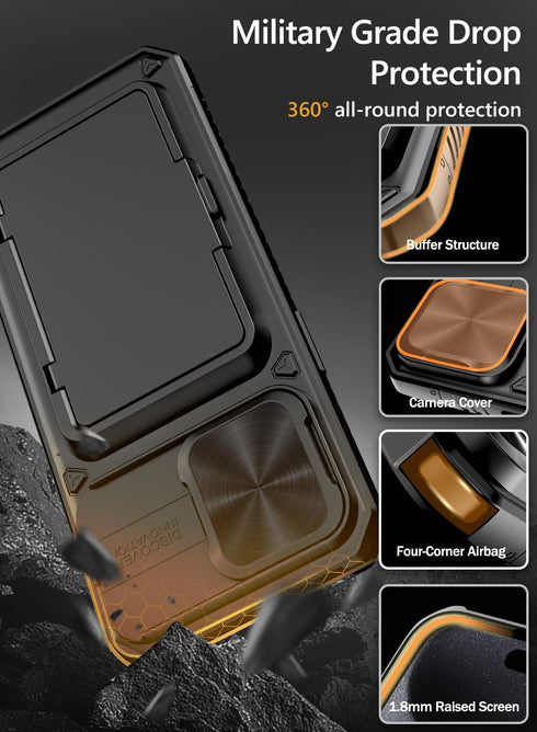 Vihibii Wallet Case for iPhone 15 Pro Max, Black with Card Holder (4 Cards), Slide Camera Cover & Kickstand, Military