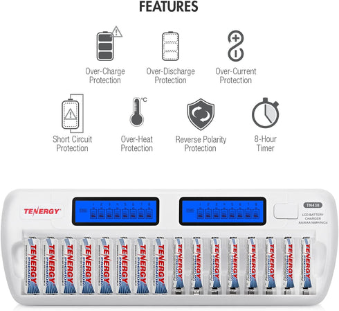 Tenergy TN438 16 Bay Battery Charger for AAA and AA Rechargeable Batteries, AA/AAA NiMH/NiCd Charger with AC Wall