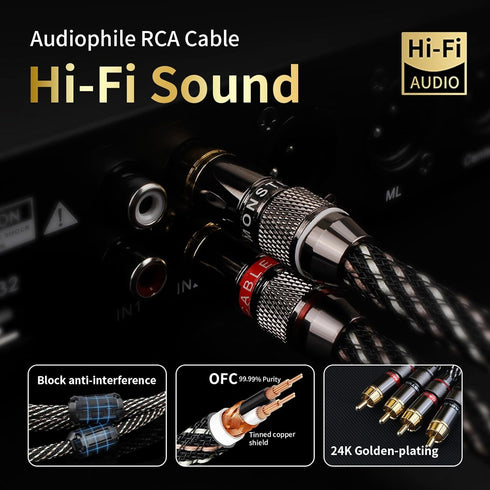 1.64ft 2RCA Male,15 AWG,4N Core,24K Player,Turntable(1.64ft/0.5m) Audiophile HiFi Audio RCA Cables - Male to OFC