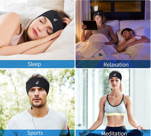Sleep Headphones Stereo with Headband, Ultra Thin Speakers for Side Sleepers, Sports, Air Travel, Meditation, Black
