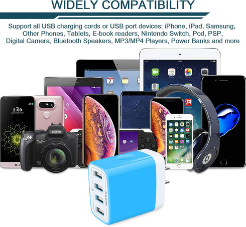Wall Charger, USB Charger Adapter, AILKIN 4.8A 4-Multi Port Fast Charging Station Power Base Block for iPhone, iPad,