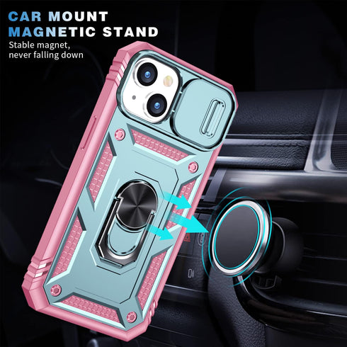 Case for iPhone 14, Shockproof Impact Resistant with Slide Lens Protective Cover, 6.1 inch (Pink Green)