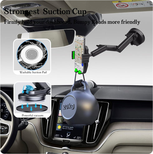 Heavy Duty Truck Phone Holder Mount, 16.9 inch Long Arm, Anti-Shake Suction Cup, Compatible with All Phones & Trucks