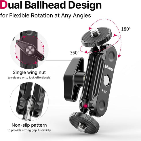 ULANZI Magic Arm with Double Ballhead 1/4" Screw, Compatible with Universal Monitor Mount for Camera Accessories