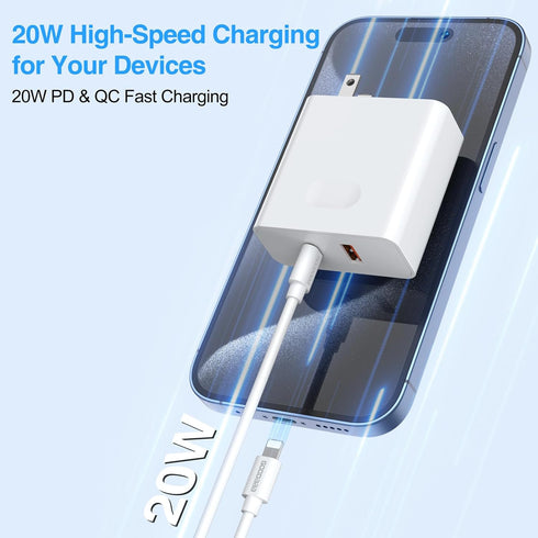GOODaaa PD 20W Wall Charger with Cable, Dual Ports Fast Charging Power Adapter for All iPhone Series and Android Devices