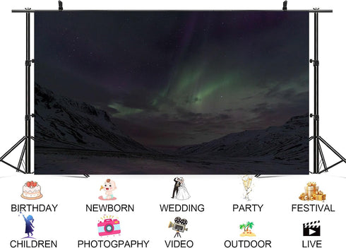 UPXIO 10x7ft Aurora Borealis Snowy Mountain Backdrop Starry Night Sky and Green Northern Lights Photo Background
