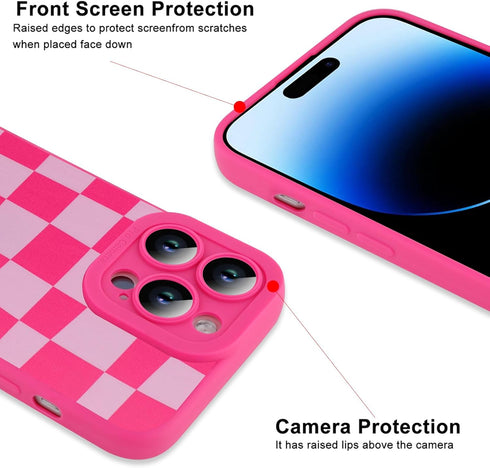 ZIYE Hot Pink Grids Plaid Checkerboard Case for iPhone 14 Pro, Soft TPU Silicone Rubber Protective Cover