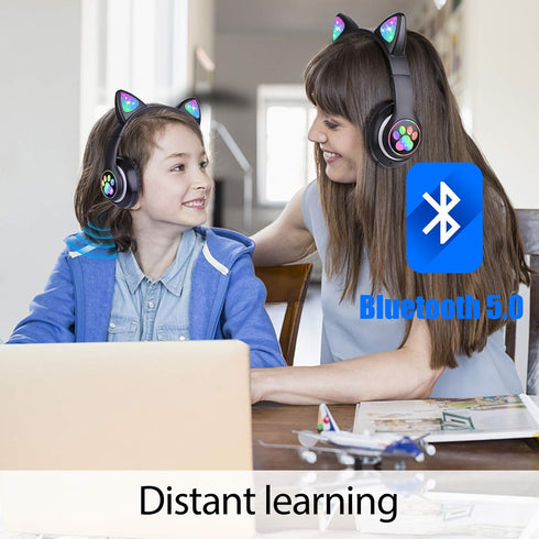 Wireless Cat Ear LED Light Up Bluetooth Headphones, Foldable Over Ear with Microphone for Learning