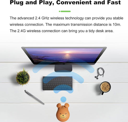 Wireless 2.4GHz Cartoon Bear Shape USB Mouse, Portable Cordless Mouse for Kids, Small Optical Mouse