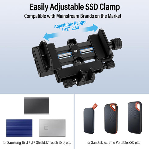 Sirui SSD Mount Bracket, SSD Holder with Cold Shoe and USB-C Cable Clamp for Samsung T7 T5 SSD, Camera Cage