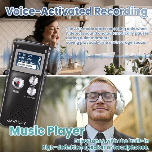 Jawploy 64GB MP3, Digital Voice Recorder for Lectures Meetings Voice Activated Recording Device with Playback, Portable