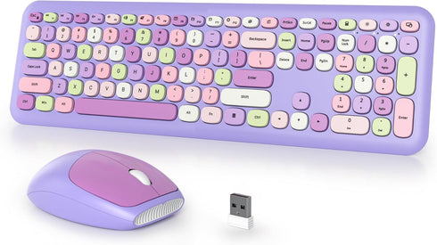 Typewriter Wireless Keyboard and Mouse Combo, 2.4G Office 104 Keys Retro Punk Keyboard, Cute Purple Silent Keyboard
