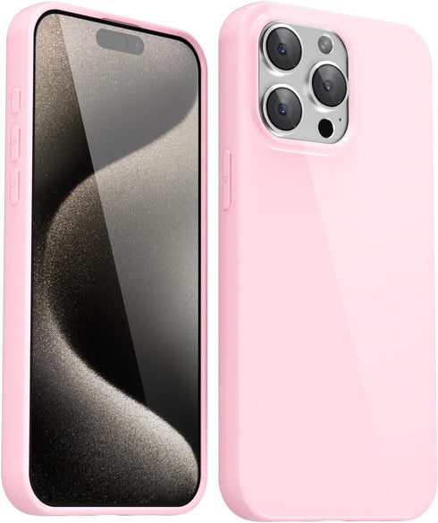 iPhone 15 Pro Max Case, Pink Silicone Glossy Soft Rubber Gel Protective Cover for Women Girl, Slim Shockproof