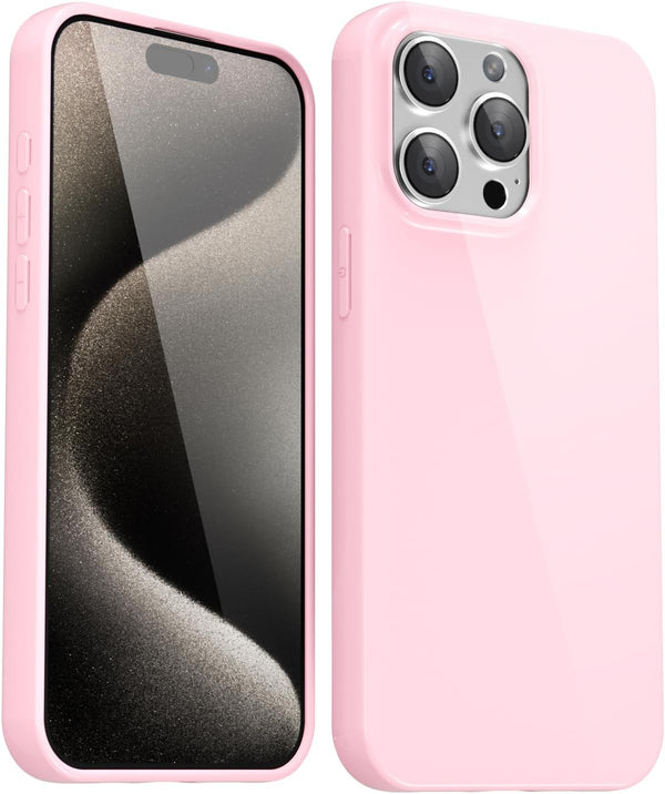 iPhone 15 Pro Max Case, Pink Silicone Glossy Soft Rubber Gel Protective Cover for Women Girl, Slim Shockproof