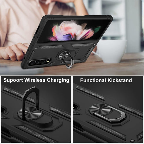 IKAZZ Galaxy Z Fold 3 Case, Military Grade Shockproof Heavy Duty Phone Cover with Magnetic Kickstand (Black)
