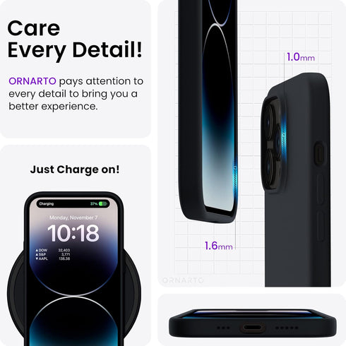 ORNARTO iPhone 14 Pro Case 6.1" - Slim Liquid Silicone, 3 Layers, Soft Gel Rubber, Microfiber Lining, Black.