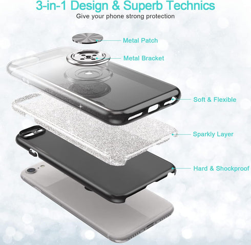 iPhone SE 2020 Case Glitter, Slim Sparkly Cover with 360° Ring Holder Kickstand for iPhone 8/7/SE 2020/SE 3