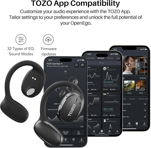 TOZO OpenEgo True Wireless Open Ear Headphone, Black, 5.3 Bluetooth Sport Earbuds with 80H Playback