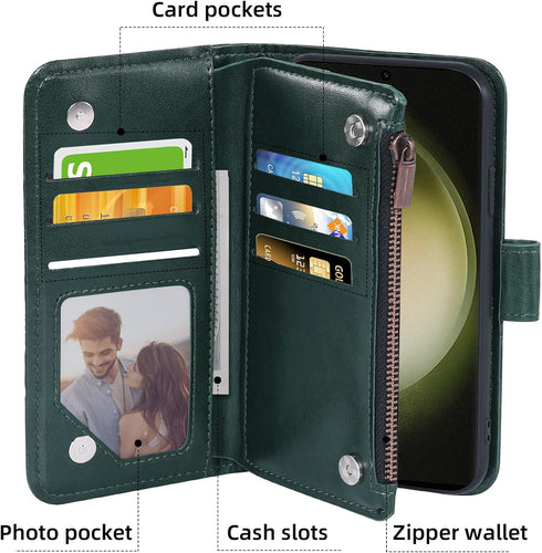 Asuwish Wallet Case for Samsung Galaxy S23 Ultra 5G - Dark Green, 6.8" with Tempered Glass Protector & Flip Card Holder.