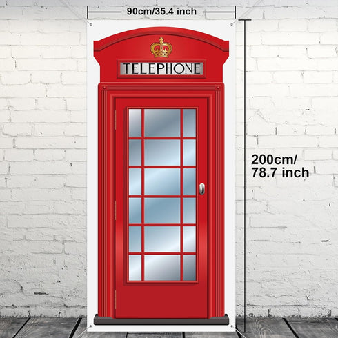 English Phone Booth Door Cover, Large Fabric Red Telephone Box Decor Banner for Photo Backdrop, 78.7 x 35.4 Inch