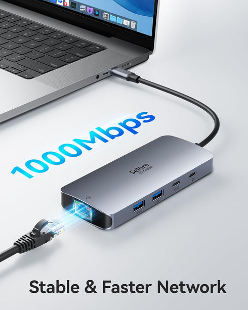 USB C Docking Station for Dual Monitor, Selore Triple 4K Display with 2 HDMI, DisplayPort, 100W PD Charging, USB 3.0