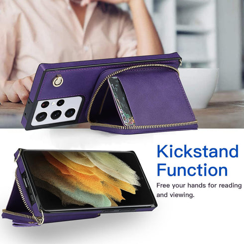 Asuwish Wallet Case for Samsung Galaxy S21 Ultra 5G - Leather, Zipper Card Holder, Tempered Glass Protector, Purple.