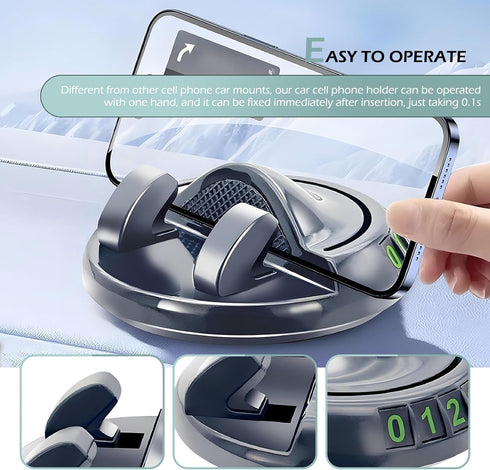 DACIRTY 360 Dashboard Cell Phone Holder with Parking Number Plate, Degree Rotating Adjustable Spring Clamped Plastic
