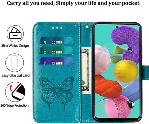 Samsung Galaxy A51 Case Wallet, Butterfly Floral Embossed Leather Flip Cover, Card Holder Slots (Non 5G Version) (Blue)