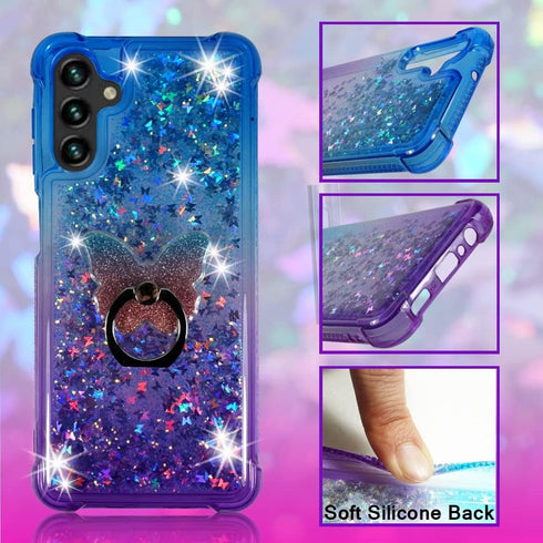 Zase Design Clear Case for Samsung Galaxy A13 5G, Liquid Glitter Sparkle Bling Shockproof with 3D Butterflies Waterfall