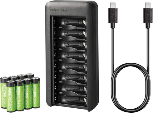 Amazon Basics Rechargeable AA Low Self Discharge NiMh Batteries with 8-Bay Battery Charger, USB-C
