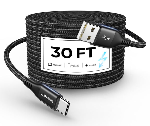 Extra Long USB C Cable 30FT, USB A to USB Type C Charger Cord, High-Grade Nylon Braided Power Wire for Security