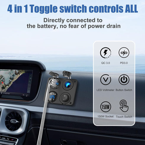 12 12V PD30W QC18W 150W 4 1 Volt USB Outlet RV Accessory Marine Switch Panel, Dual and Car USB Port Aluminum Charger