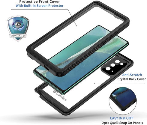 Lanhiem Galaxy Note 20 Case, Built-in Screen Protector, Waterproof Dustproof Heavy Duty Cover (Black/Clear)