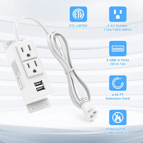 Kungfuking Power Strip with USB, Wall Mountable Surge Protector, 2 AC Outlets & 2 USB Ports, 6.56 FT White