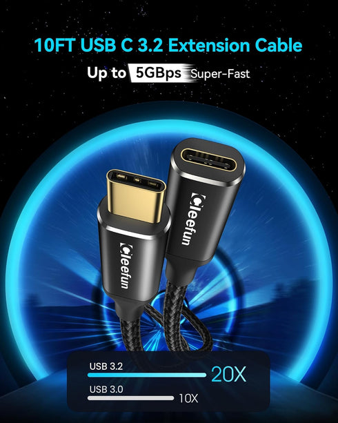 CLEEFUN USB C Extension Cable 10ft, USB C 3.2 Male to USB C Female Extension Cable, 5Gbps Data & 4K Video Sync Transfer USB C Extender Cable 100W Fast Charging for USBC Hub, Laptop, Tablet, Phone by CLEEFUN