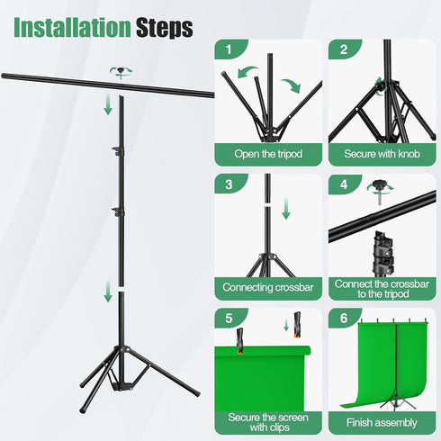 Qoolfoto 57ft 5 Green Screen Backdrop Kit, Portable Greenscreen Background with Adjustable T-Shaped Stand, Clamps