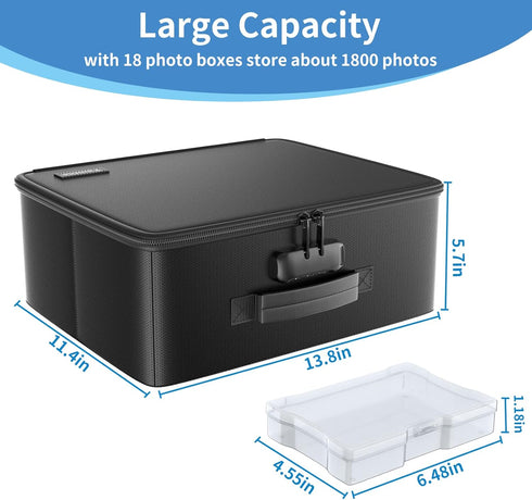 Fireproof Safe Photo Storage Box, 18 Inner Clear Photo Cases, Portable Organizer with Lock and Handle