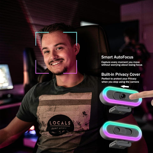 Hrayzan 2K 65 USB-C Webcam with Ring Light/Fill RGB Light, Privacy Cover, Built-in Dual Microphone, FOV, Plug & Play