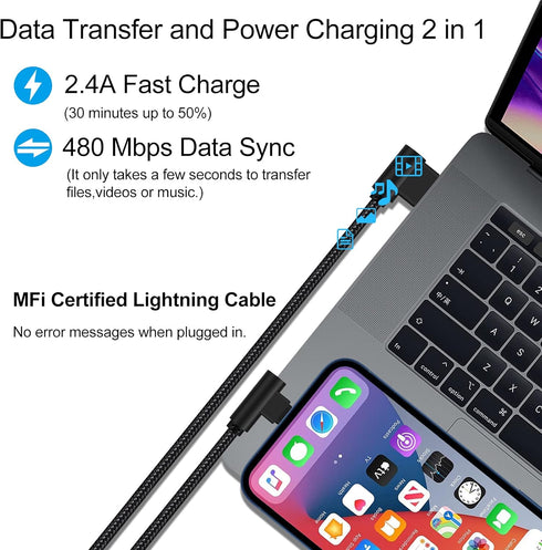 MFi Certified iPhone Charger 3 Pack - 3ft Right Angle Nylon Braided Lightning Cable for iPhone 13, 12, 11, Pro, X, XS,