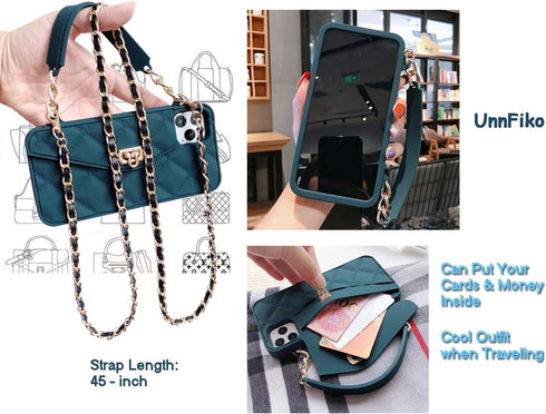 UnnFiko Cute Wallet Case for iPhone 11 Pro, Light Luxury Bag Design, Soft Silicone Cover with Handstrap (Dark Green)