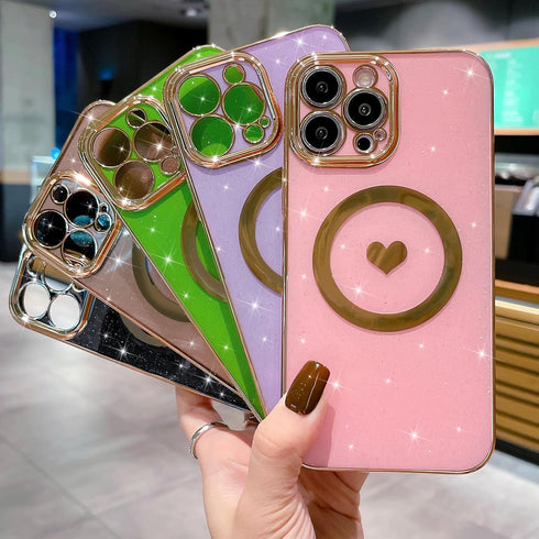 MGQILING iPhone 14 Pro Max Magnetic Glitter Case-6.7 Inch, Luxury Love Heart Pattern Plating Case, Compatible with