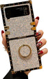 Samsung Galaxy Z Flip 4 Bling Case, Luxury Glitter Sparkle Soft Trunk Cover with Finger Ring Grip Kickstand (White)