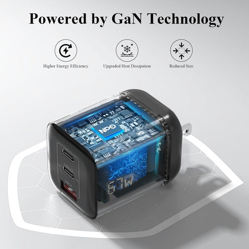 Minthouz 67W 3-Port 17/16/15, S25/S24, 3.9FT GaN Charger, Fast Charging Power Adapter with Type-C & USB-A, for iPhone