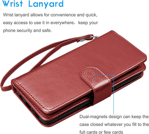 Galaxy Note 20 Ultra Case, Luxury Wallet Case with Cash & Credit Card Slots, Detachable Magnetic Hard Cover (Wine Red)