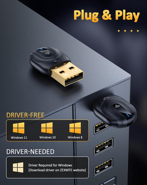 ZEXMTE 5.1 USB Bluetooth Adapter for PC, Bluetooth Dongle with 50M/164FT Long Range, Stable Signal, Windows 11/10/8