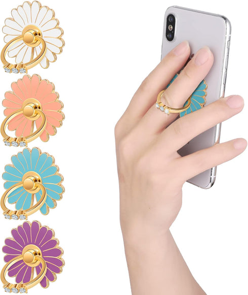 Cute Daisy Finger Kickstands, 4 Pcs Metal Round 180°/360° Rotation Cell Phone Ring Holders with Knob Loop