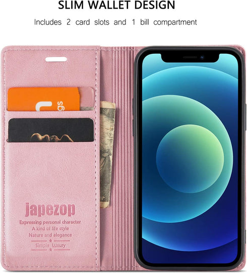 japezop iPhone 12 Mini Flip Case, Pink Leather, RFID Blocking, Card Holder, Slim Fit, Wireless Charging Compatible
