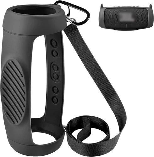 Silicone Case Cover for JBL Charge 5, Black, Waterproof Portable Bluetooth Speaker with Shoulder Strap and Carabiner