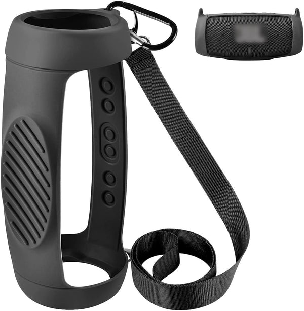 Silicone Case Cover for JBL Charge 5, Black, Waterproof Portable Bluetooth Speaker with Shoulder Strap and Carabiner